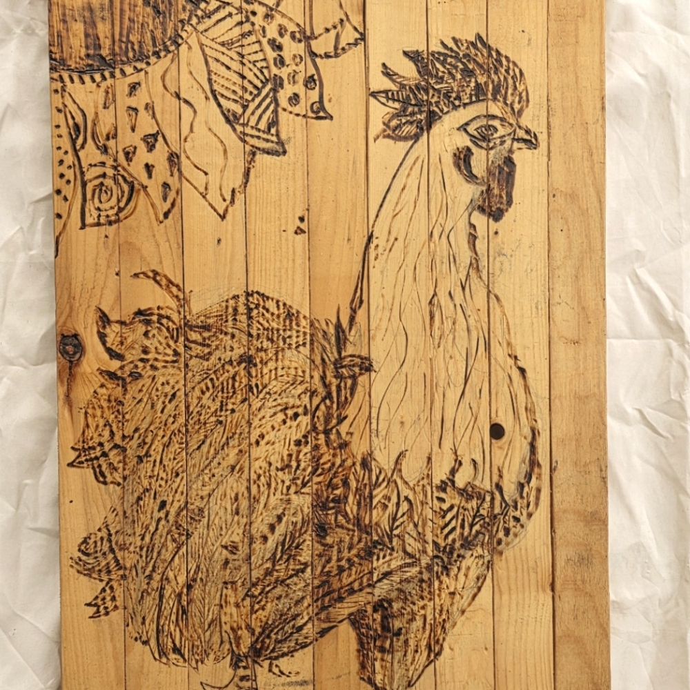 One a kind freehand wood burning rooster serving tray with handles